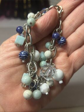 Silver Multi-Bead Charm Bracelet with Blue and Aqua Accents
